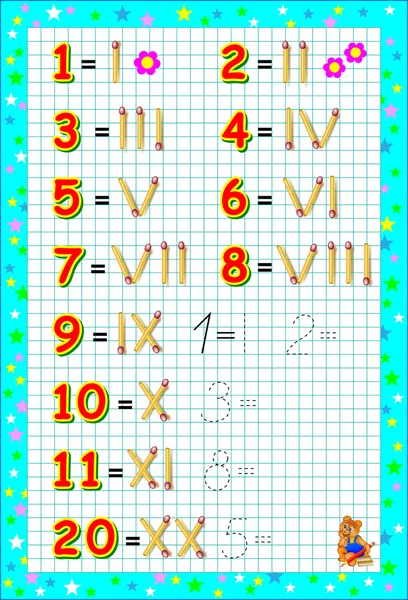 Página educativa para niños en papel cuadrado con números romanos y arábigos . — Archivo Imágenes Vectoriales