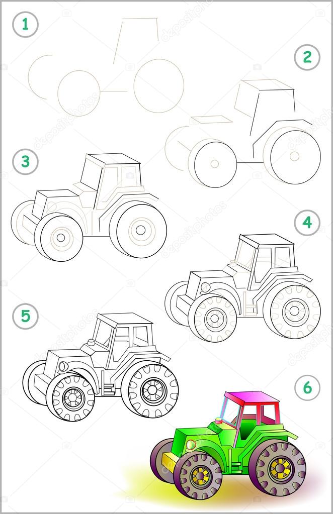 Page shows how to learn step by step to draw a toy tractor. Developing children skills for drawing and coloring. Vector image.