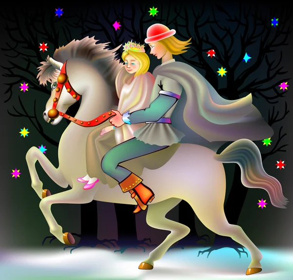 Prince and princess riding on horse, vector cartoon image. — Stock vektor