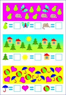 Genç çocuklar için eğitim sayfası. Nesneleri saymak ve karşılık gelen sayıların yazmak gerekir.