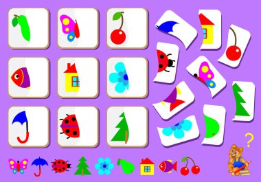 Çocuklar için mantığı egzersiz. Nesneleri ikinci parçaları bulmak ve bunları ilgili yerlerde çizmek gerekir.