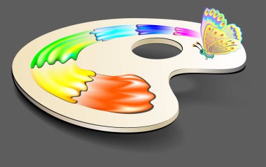 Bir palet boya ile oturan kelebek çizimi.