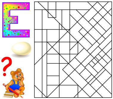 Eğitim İngilizce E harfi olan eğitim sayfası. Mantık bulmaca. Bulmak ve 5 harf E boya.