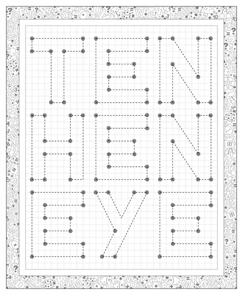 Feuille de calcul en noir et blanc sur un papier carré. Joignez les points par des lignes droites. Peins les lettres. Lire les mots . — Image vectorielle