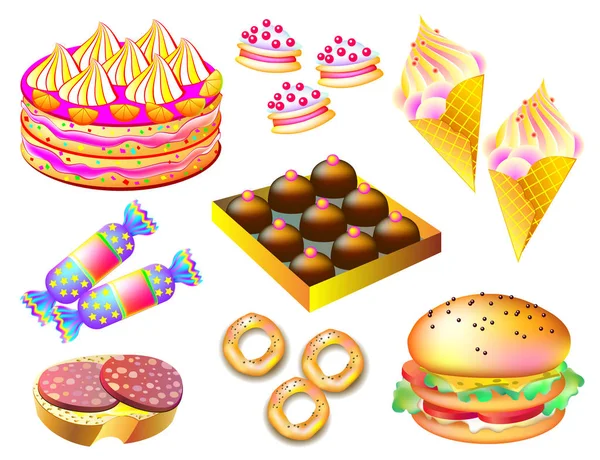 Set van verschillende soorten voedsel en snoep op witte achtergrond. — Stockvector