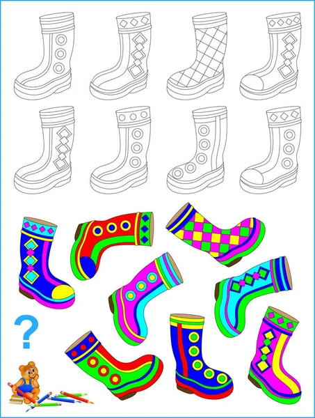 Rompecabezas lógico para niños. Necesidad de encontrar par de cada bota y pintarlos por patrón idéntico . — Vector de stock