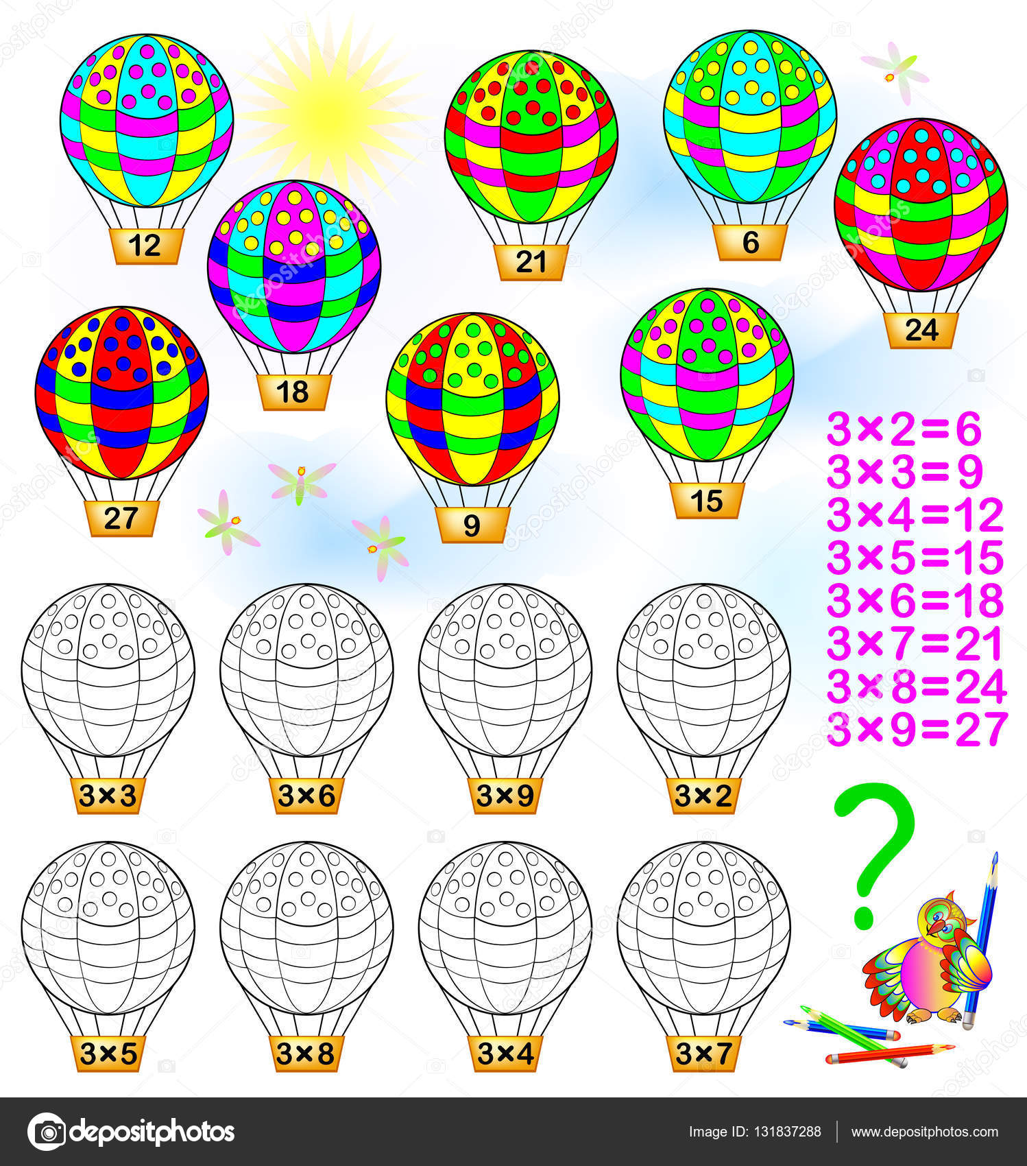 Esercizio per i bambini con moltiplicazione per tre Esempi di risolvere e dipingere ogni pallone