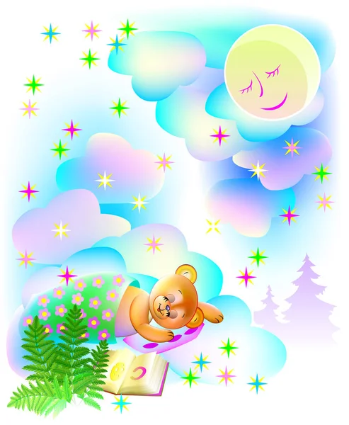 Ilustração de ursinho de pelúcia dormindo e sonhando à noite . — Vetor de Stock