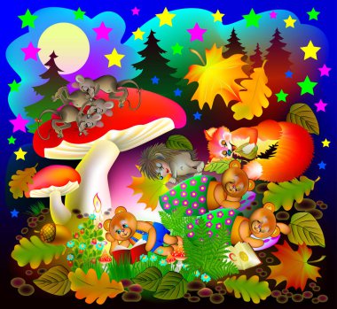 Illustration of wonderland night landscape with sleeping animals. clipart