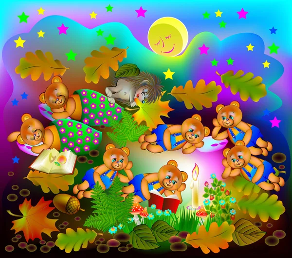 Küçük oyuncak ayılar geceleri, vektör karikatür resim kitap okuma gösteren resim. — Stok Vektör
