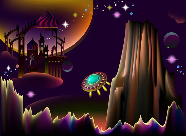 Ilustração da paisagem espacial de fantasia de fairyland com disco voador . — Vetor de Stock