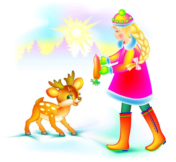 Illustration der schönen Mädchen Fütterung kleines Rehkitz im Winter, Vektor-Cartoon-Bild. — Stockvektor