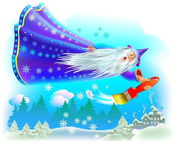 Fantasie Illustration des Zauberers fliegen in den Märchenhimmel und Färbung des Winterwaldes mit Schnee. — Stockvektor