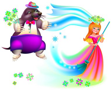 Illustration to the children's tale. Beautiful little girl with a broom and a mole with a bouquet of flowers. clipart