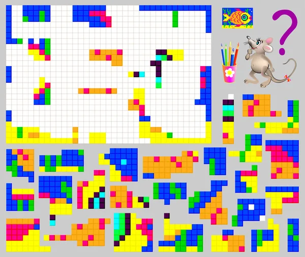 Lógica juego de puzzle. Necesidad de encontrar el lugar correcto para cada detalle y pintar los cuadrados en los colores correspondientes . — Vector de stock