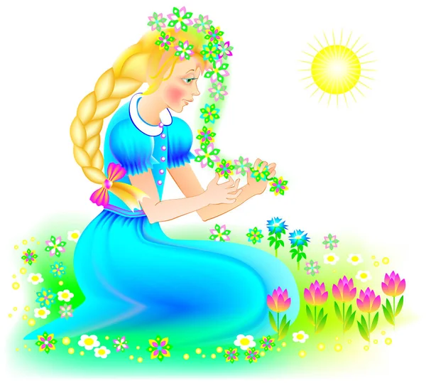 Illustration of beautiful girl weaving a wreath of flowers in the spring. — Stock Vector