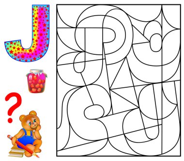 Eğitim İngilizce için J harfi olan eğitim sayfası. Mantık bulmaca. Bulmak ve 5 harf J boya.