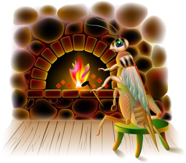 Illustration of cute cricket sitting in winter near burning fireplace. clipart