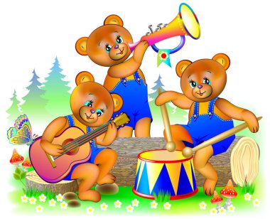 Üç küçük oyuncak ayılar orkestrada müzik aletleri oynamaya çizimi.