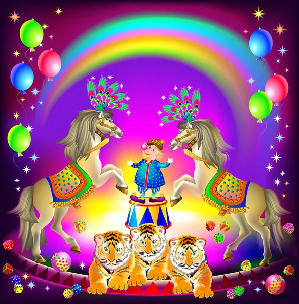 Affiche pour un spectacle de cirque. Joyeux clown sur l'arène avec des animaux entraînés . — Image vectorielle