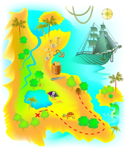 Ilustración de mapa con fantasía Isla misteriosa y tesoro pirata . — Archivo Imágenes Vectoriales