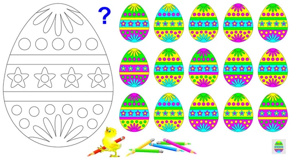 Logica puzzel voor kinderen. Behoefte aan het slechts één van de ongepaarde ei en verf zwart-wit tekening in de overeenkomstige kleuren. — Stockvector