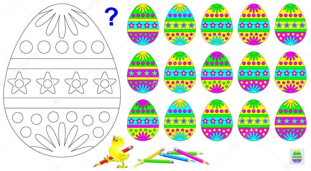 Logic puzzle for children. Need to find the only one unpaired egg and paint black and white drawing in corresponding colors.