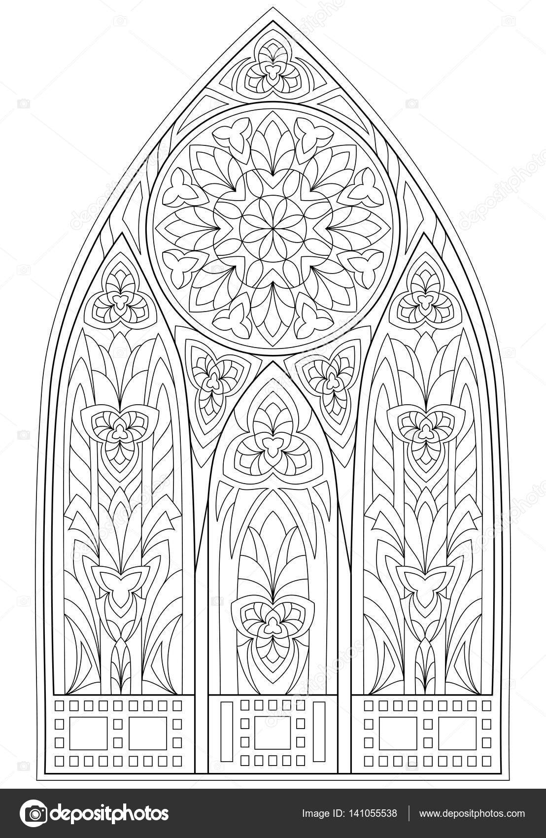 Página Preto E Branco Para Colorir. Desenho Da Fantasia De Janelas Góticos  Bonitas Com Vitral No Estilo Medieval. Planilha Para Crianças E Adultos.  Imagem Vetorial. Ilustraciones svg, vectoriales, clip art vectorizado libre