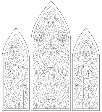 Siyah ve beyaz sayfa boyama. Vitray Ortaçağ tarzı ile güzel Gotik Windows çizim fantezi. Çocuklar ve yetişkinler için çalışma sayfası.