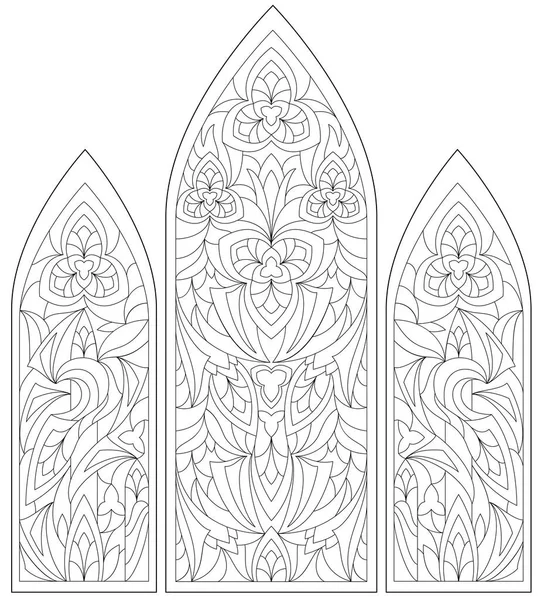 Black and white page for coloring. Fantasy drawing of beautiful Gothic windows with stained glass in medieval style.  Worksheet for children and adults. — Stock Vector