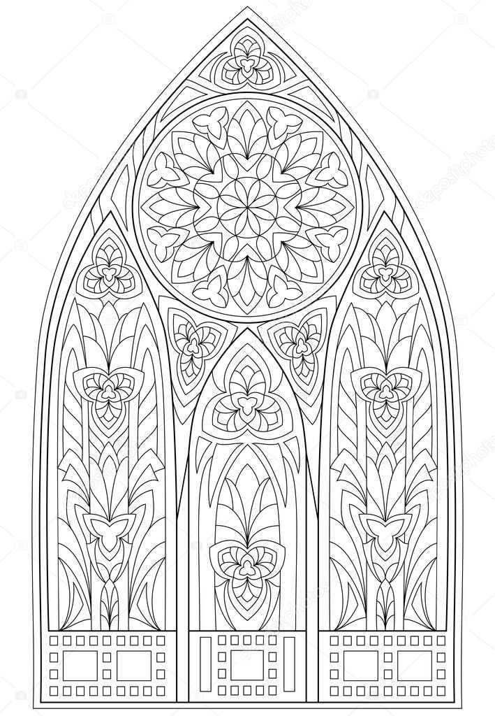 Page with black and white drawing of beautiful medieval Gothic window with stained glass and rose  for coloring. Worksheet for children and adults.