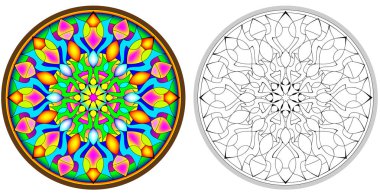 Colorful and black and white pattern of Gothic rose window. clipart