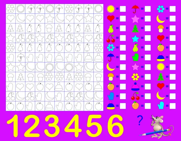 Esercizio logico per bambini piccoli. Contare e dipingere gli oggetti. Scrivi i numeri corrispondenti in quadrati vuoti . — Vettoriale Stock