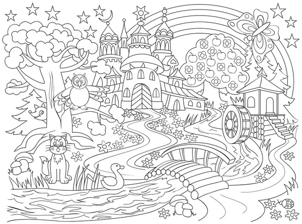 Μαύρο και άσπρο σχέδιο της χώρας fairyland. Εικονογράφηση από το μεσαιωνικό κάστρο στο μαγικό δάσος για το χρωματισμό. Φύλλο εργασίας για τα παιδιά. — Διανυσματικό Αρχείο