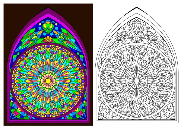 Kolorowe i czarno-biały wzór gotycki Witraż z różą. — Wektor stockowy