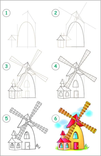 Seite zeigt, wie man Schritt für Schritt lernt, eine Windmühle zu zeichnen. — Stockvektor