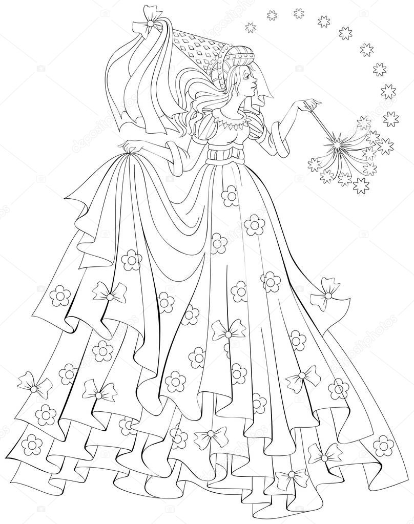Black and white illustration of beautiful fairy holding magic wand for coloring. Worksheet for children and adults.