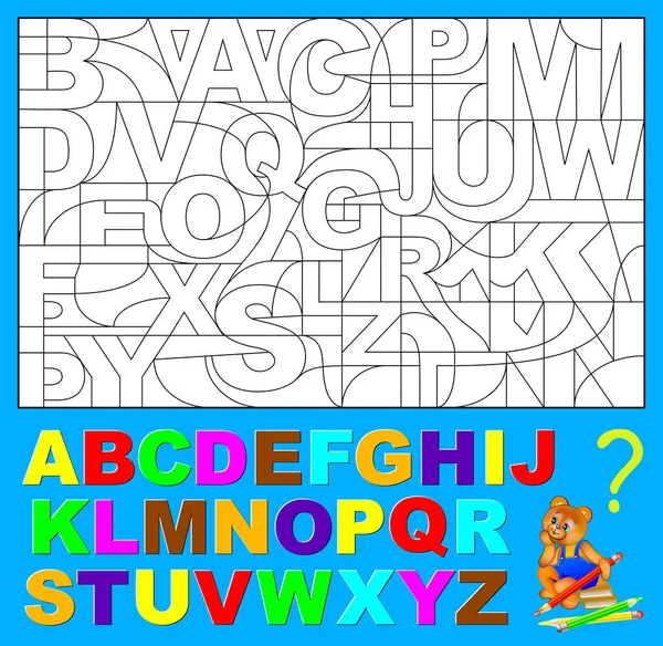Página educativa para niños pequeños. Necesidad de encontrar las letras ocultas del alfabeto inglés y pintarlas en colores relevantes . — Vector de stock