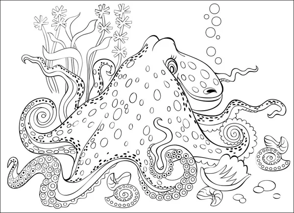 Černá a bílá stránka pro barvení. Fantazie, kresba z chobotnice. List pro děti i dospělé. — Stockový vektor