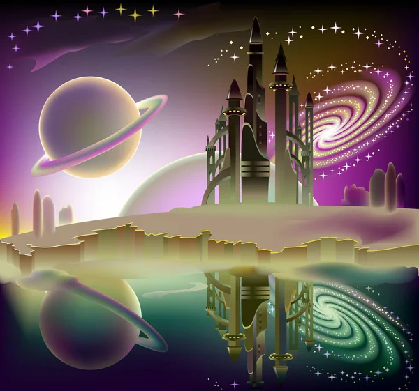 Illustration du paysage spatial féerique avec un vaisseau spatial fantastique . — Image vectorielle