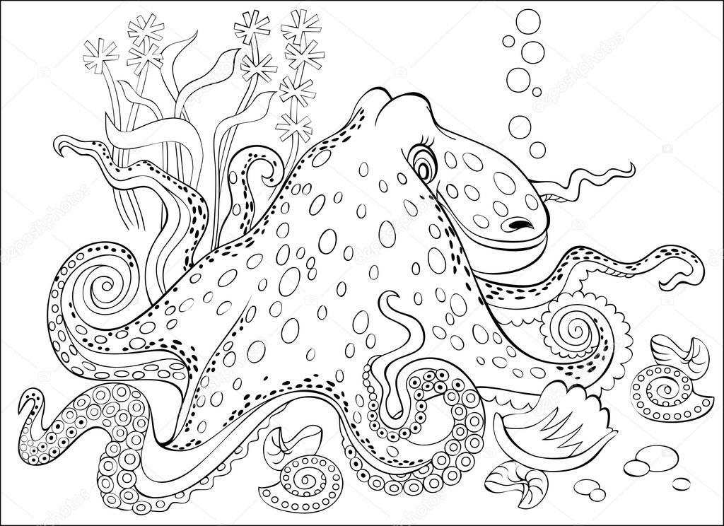 Black and white page for coloring. Fantasy drawing of octopus