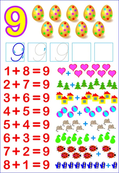 Educational page for children with compositions of number 9. Developing skills for counting. — Stock Vector