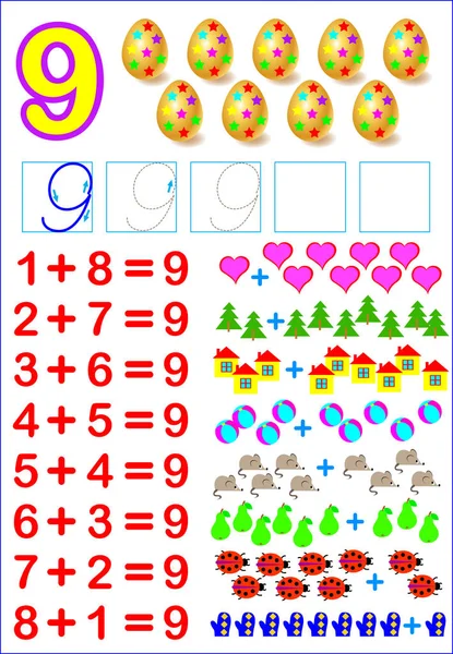 Página educativa para niños con composiciones del número 9. Desarrollar habilidades para contar . — Archivo Imágenes Vectoriales