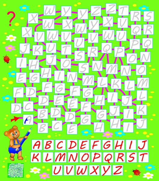 Logica puzzelspel met labyrint. De manier te vinden voor het Engels moet alfabet vanaf begin tot einde en schrijf de letters in de juiste plaatsen. — Stockvector