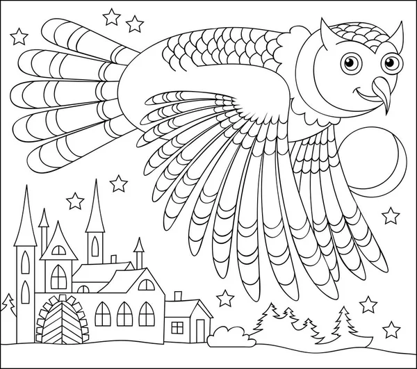 Página en blanco y negro para colorear. Dibujo de búho volando por la noche. Hoja de trabajo para niños y adultos . — Vector de stock