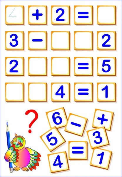 Λογική μαθηματικά ασκήσεις για τα παιδιά. Πρέπει να βρείτε το λείπουν λεπτομέρειες, λυμένα παραδείγματα και να γράφουν τους αριθμούς σε σχετικές θέσεις. — Διανυσματικό Αρχείο