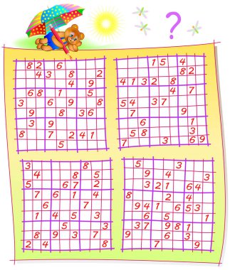 Mantık bulmaca Sudoku oyunları ile. Çocuklar ve yetişkinler için çalışma sayfası.