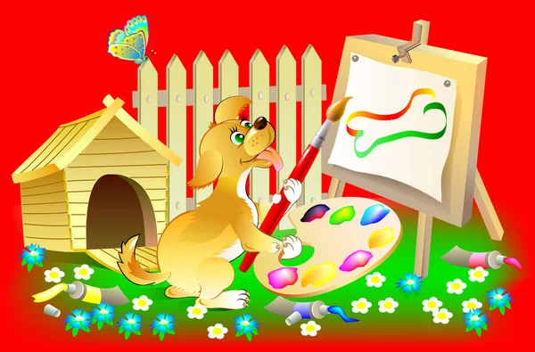 Illustration de joyeux petit chiot peignant le tableau . — Image vectorielle