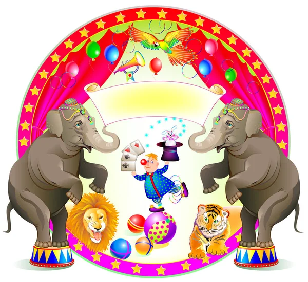 Poster for a circus performance. Spectacle with merry clown and trained animals. — Stock Vector