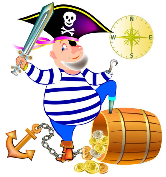 Illustrazione di pirata gioioso con un tesoro . — Vettoriale Stock